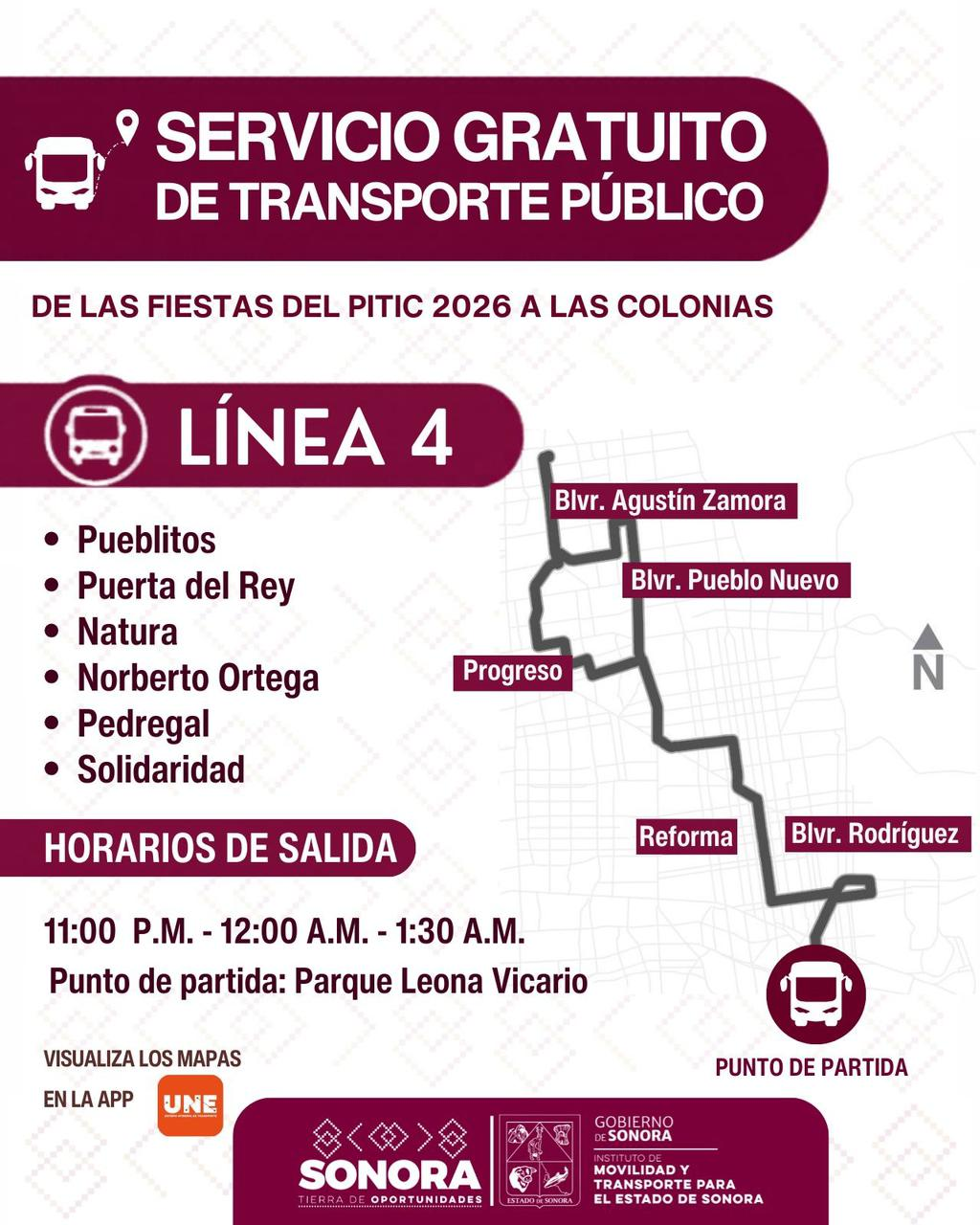  Hermosillo, Sonora; 20 de mayo de 2026.-Facilita Gobierno de Sonora transporte gratuito nocturno en Hermosillo del 21 al 24 de mayo