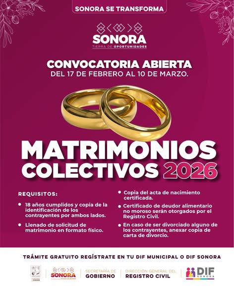 SONORA; 17 DE FEBRERO EL 2026.-Gobierno del Estado de Sonora abre convocatoria para matrimonios colectivos
